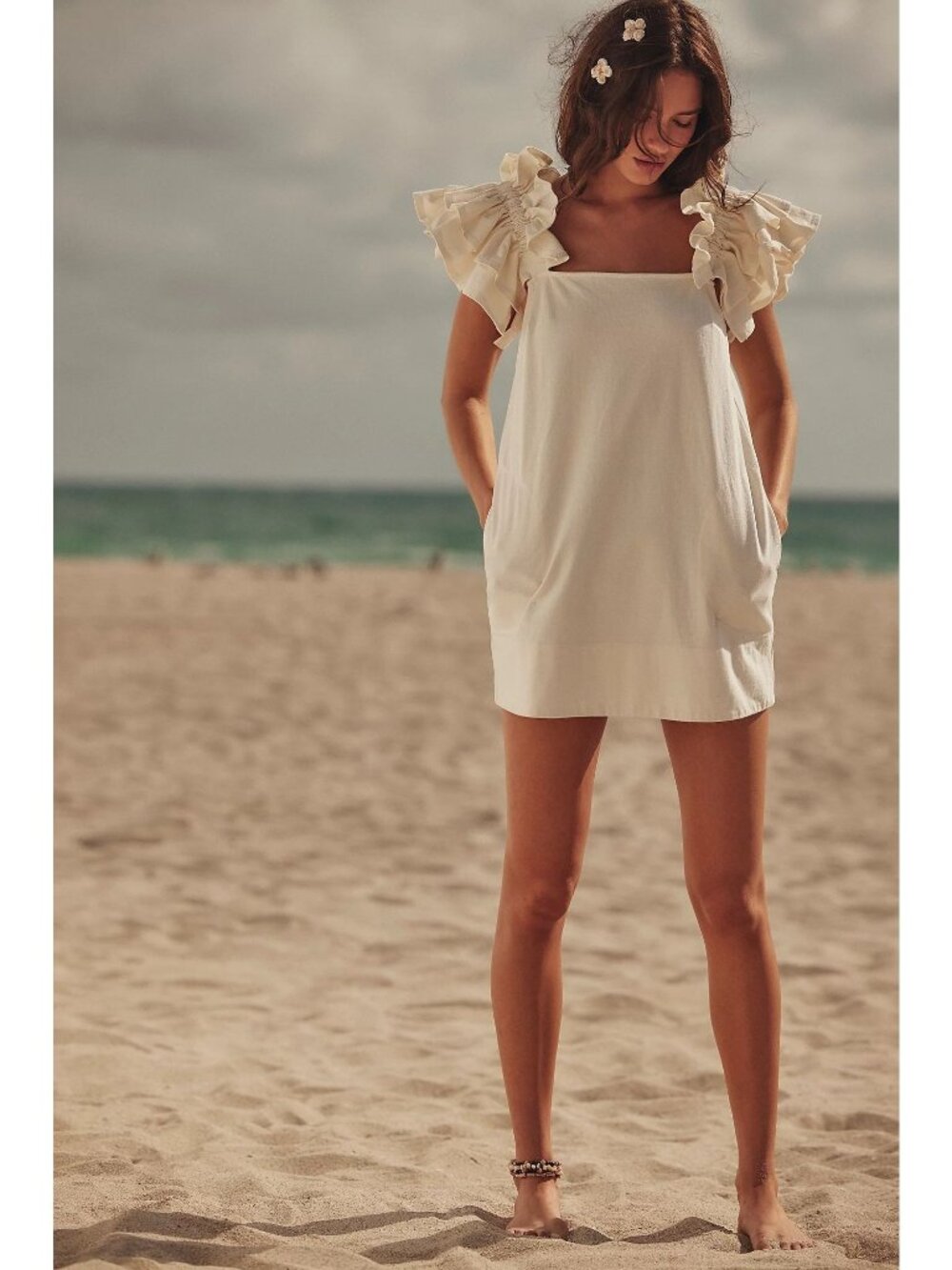 NEW Free People Beach Josie Mini Dress with Ruffled Sleeves, Snow White Size XS